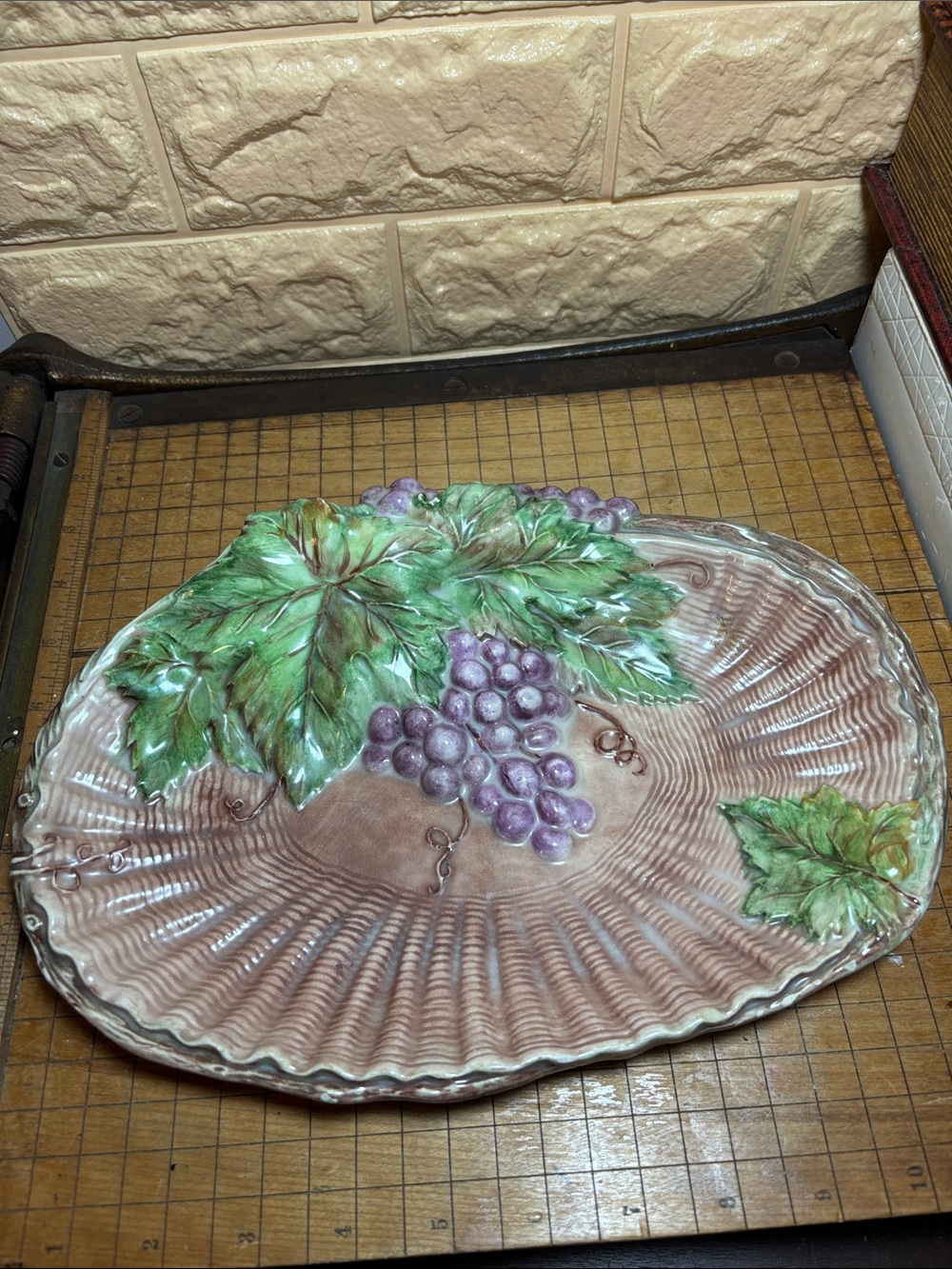 Italian Grape Motif Ceramic Platter - Green & Purple Majolica Arner’s